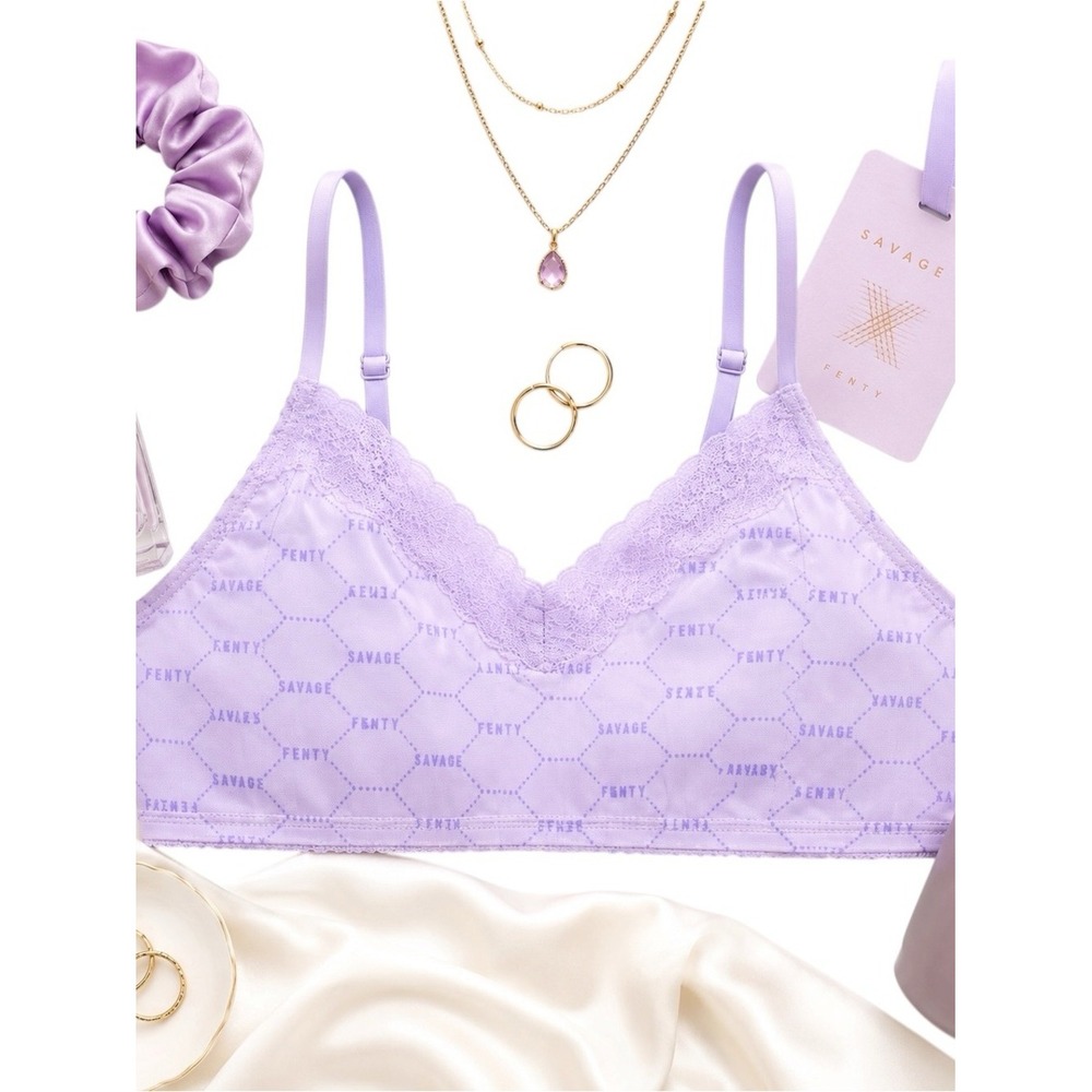 Savage X Fenty Lavender Logo Lace Bralette 2X Plus Size Wireless Longline NWT